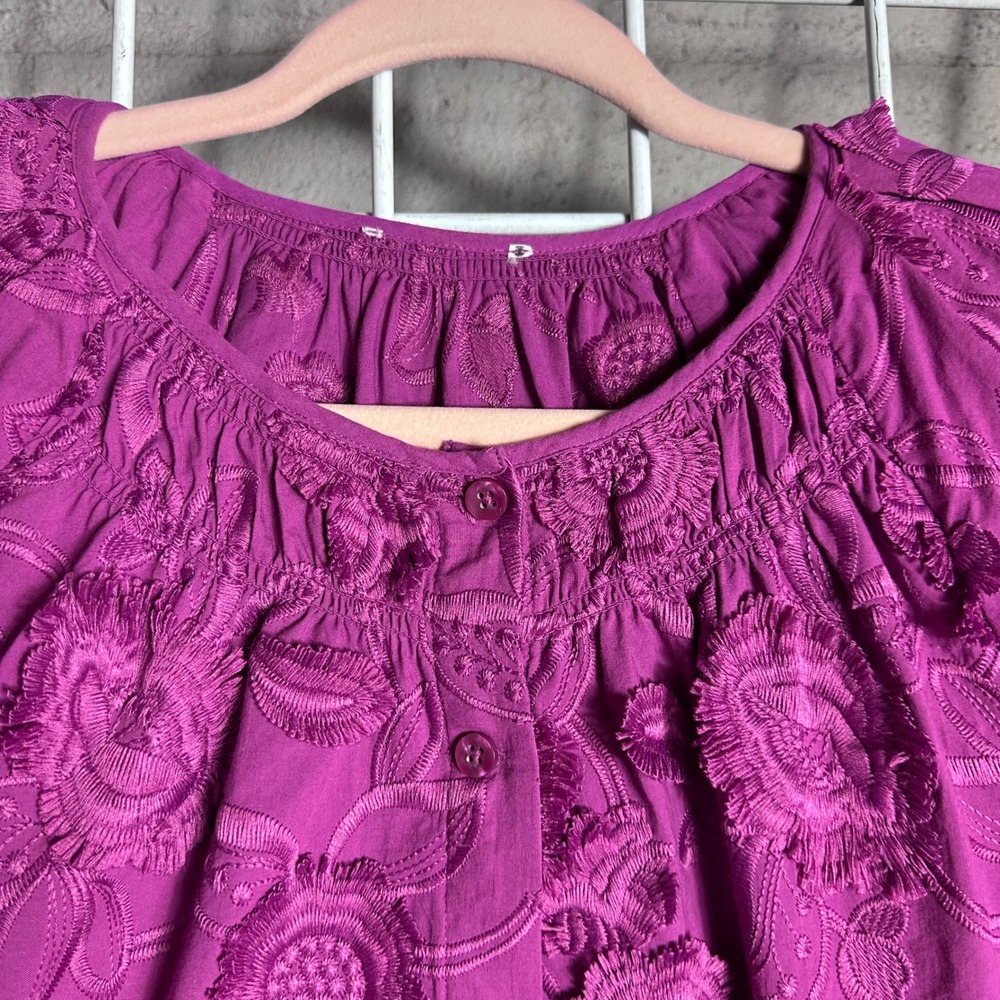 CHICO Magenta Floral Embroidered Puff Sleeve Button Front Blouse Boho Pink Top‎ - Picture 3 of 9